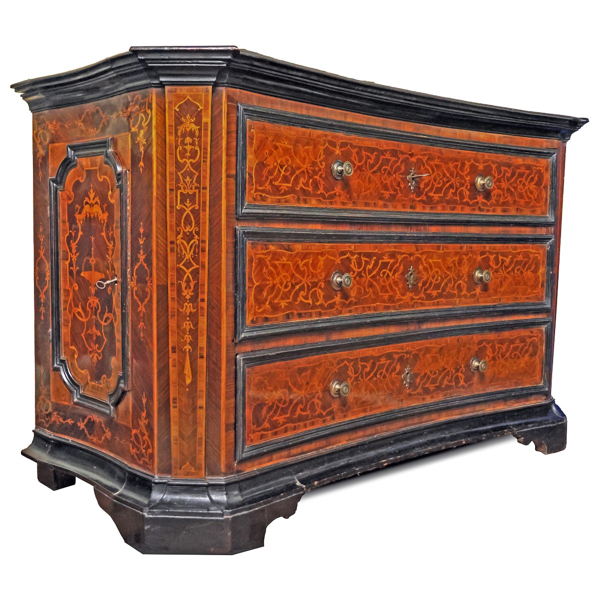 Commode marquetée à motifs géométriques et floraux. Émilie, fin du XVIIe début du XVIIIe siècle-photo-2