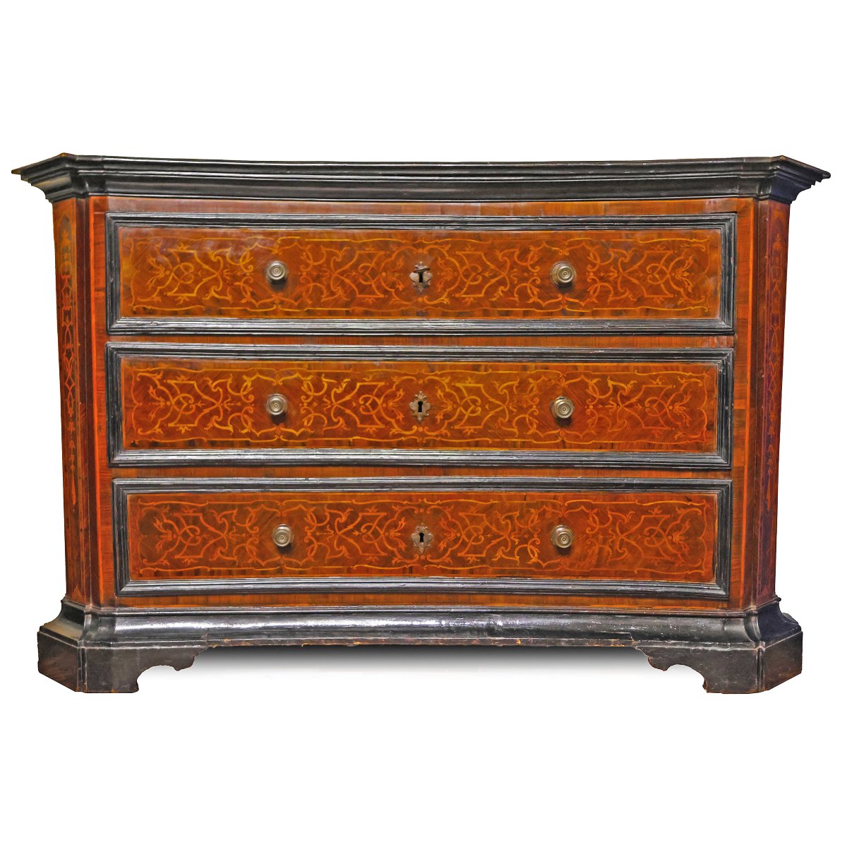 Commode marquetée à motifs géométriques et floraux. Émilie, fin du XVIIe début du XVIIIe siècle