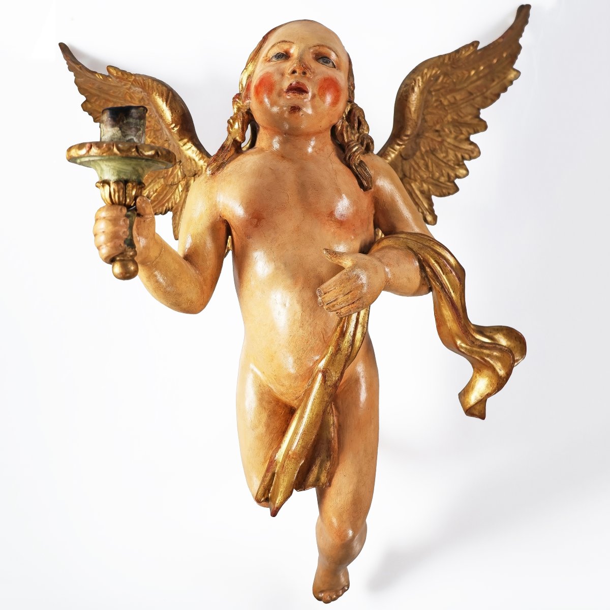 Paire d'anges porte-cierge en bois sculpté. Italie, fin XVIIe début XVIIIe siècle-photo-2