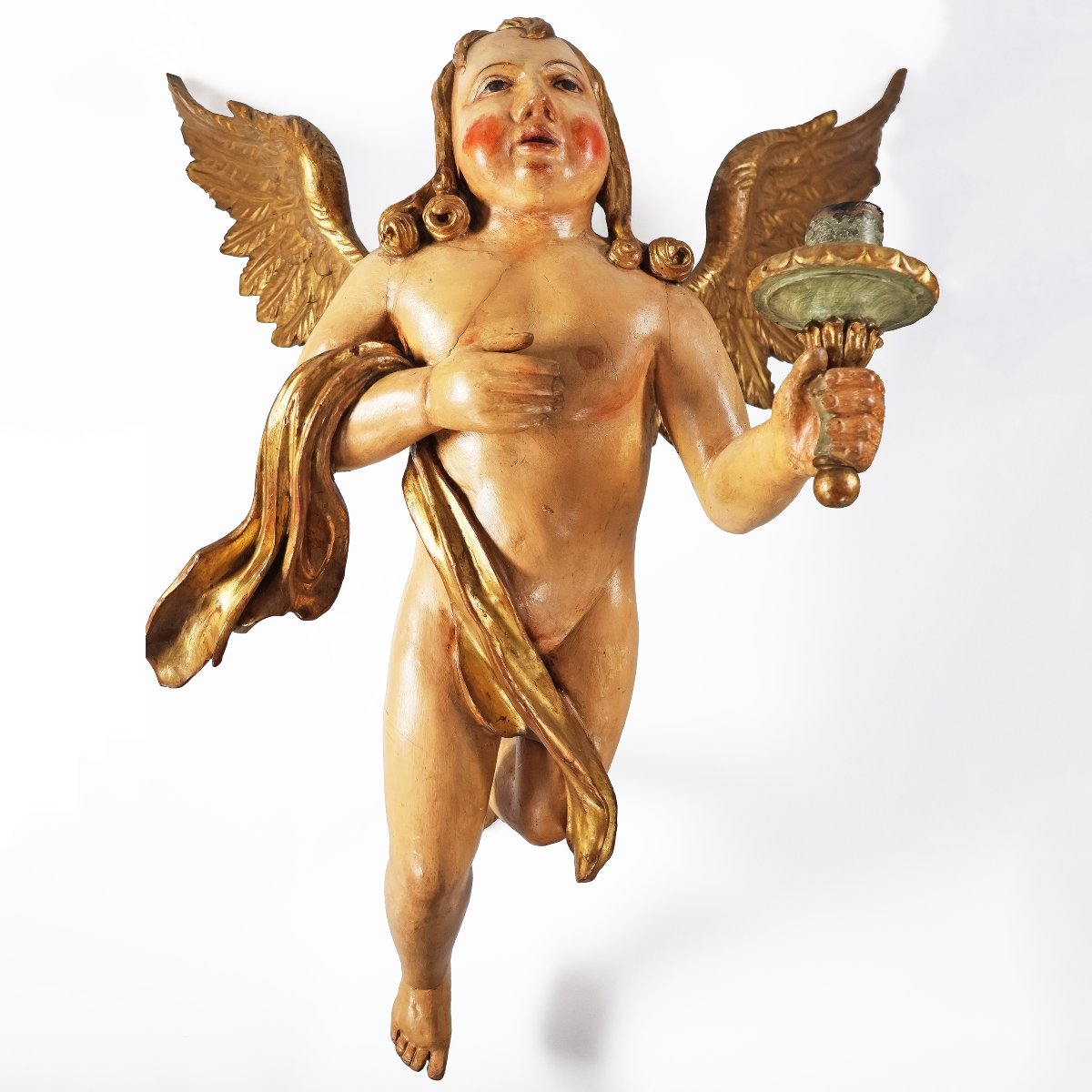 Paire d'anges porte-cierge en bois sculpté. Italie, fin XVIIe début XVIIIe siècle-photo-1