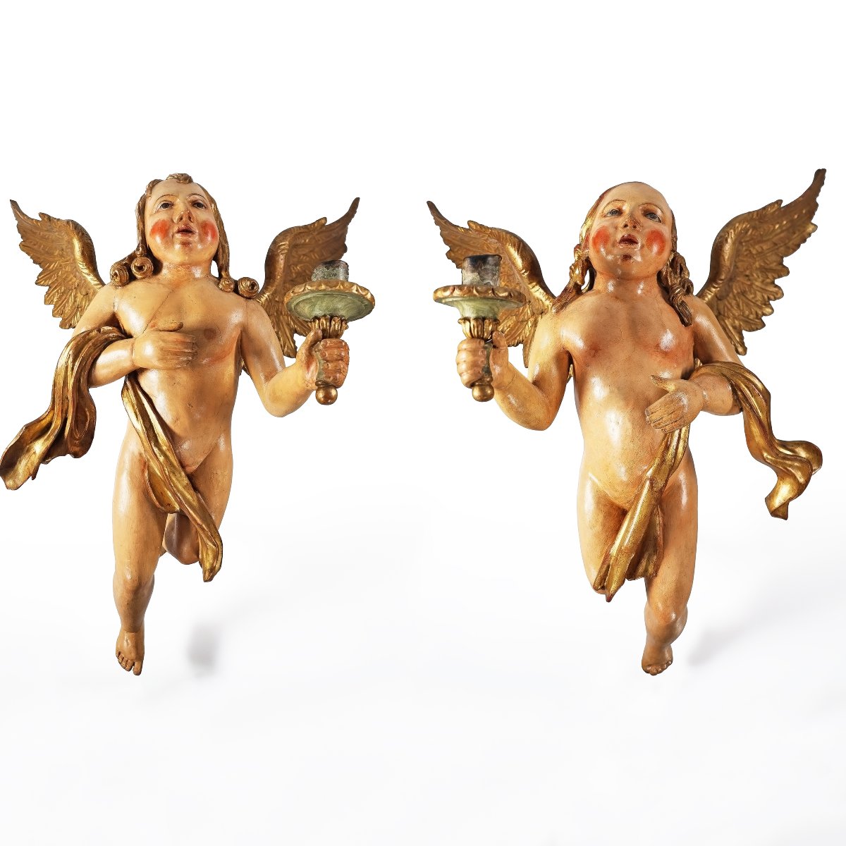 Paire d'anges porte-cierge en bois sculpté. Italie, fin XVIIe début XVIIIe siècle