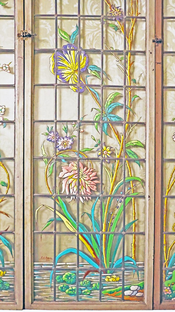 A Suite Of Four Enamelled Japonisme Leaded-glass Windows. Signed J.p. Imberton. Dated 1890-photo-3