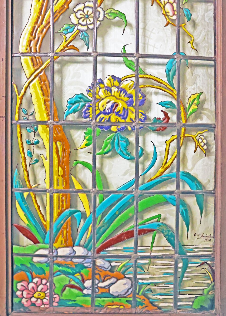 A Suite Of Four Enamelled Japonisme Leaded-glass Windows. Signed J.p. Imberton. Dated 1890-photo-1