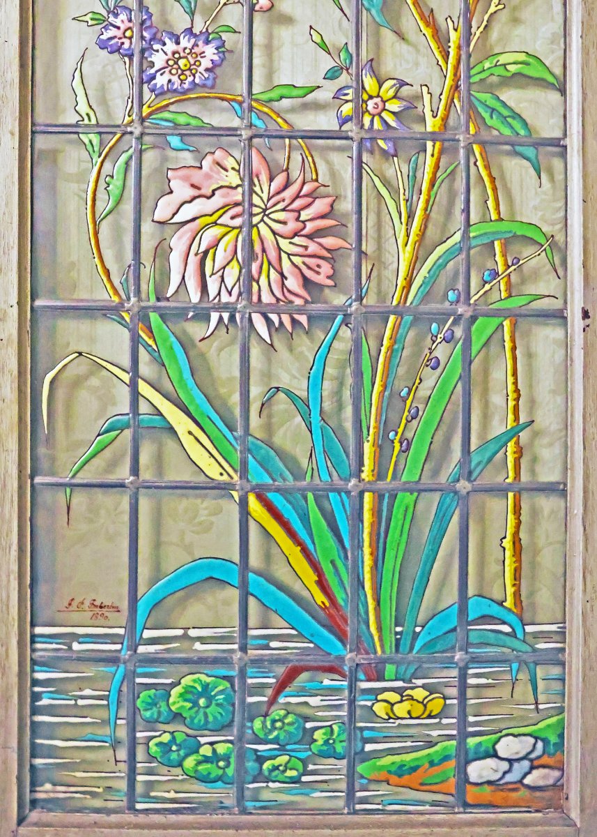 A Suite Of Four Enamelled Japonisme Leaded-glass Windows. Signed J.p. Imberton. Dated 1890-photo-2