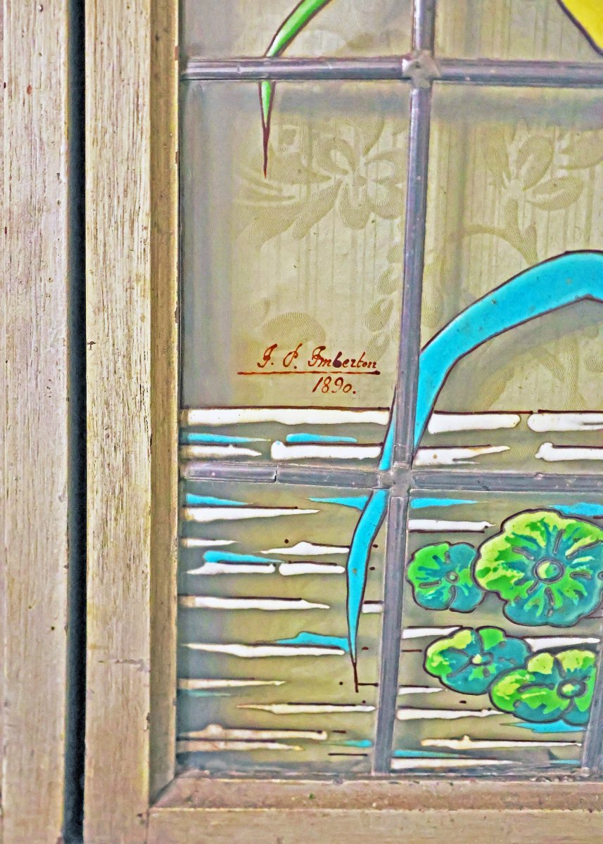 A Suite Of Four Enamelled Japonisme Leaded-glass Windows. Signed J.p. Imberton. Dated 1890-photo-3