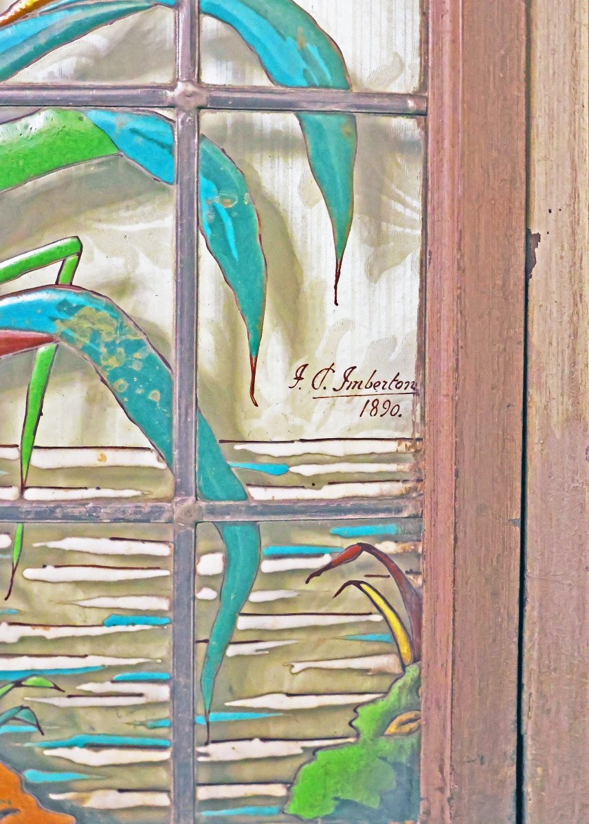 A Suite Of Four Enamelled Japonisme Leaded-glass Windows. Signed J.p. Imberton. Dated 1890-photo-4