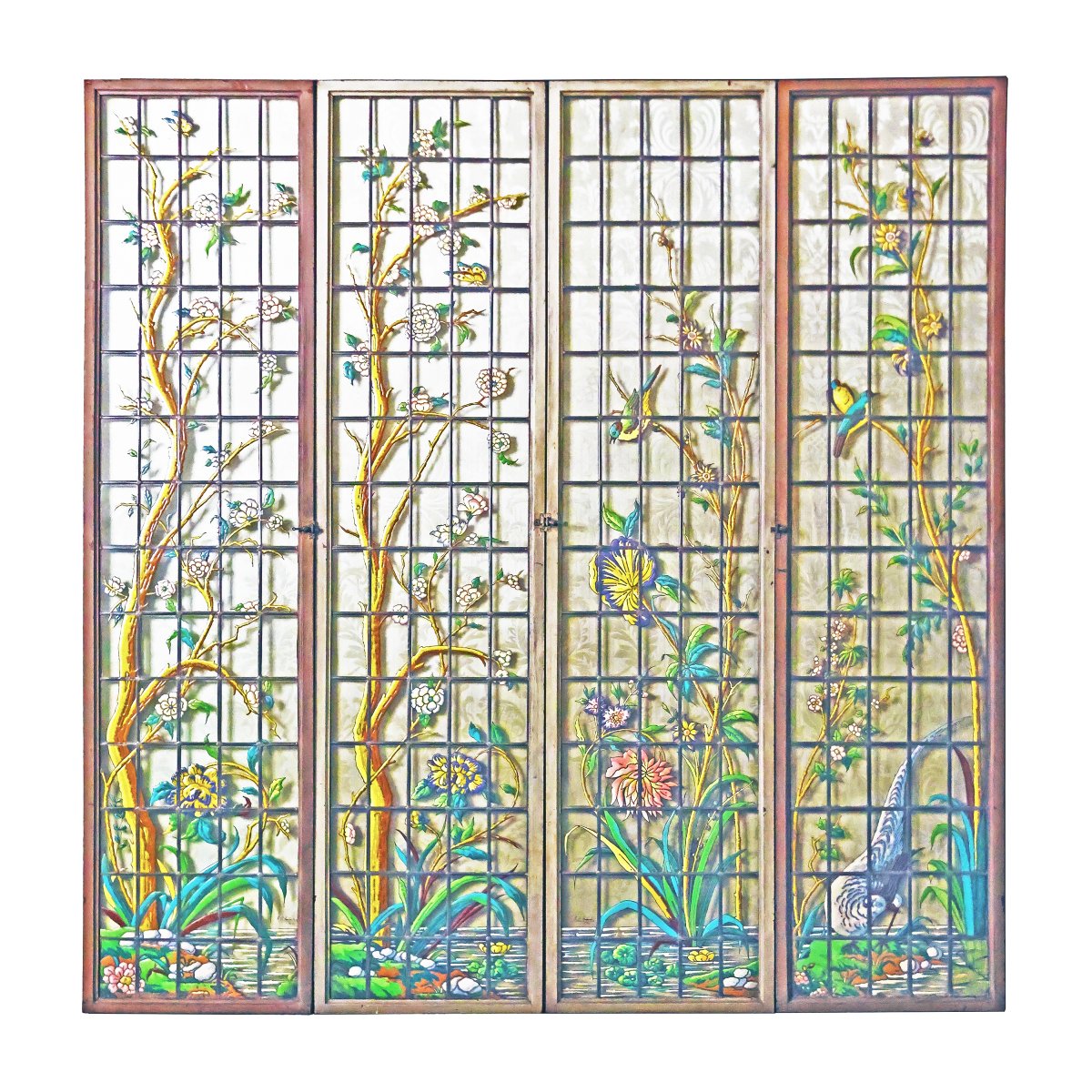 A Suite Of Four Enamelled Japonisme Leaded-glass Windows. Signed J.p. Imberton. Dated 1890