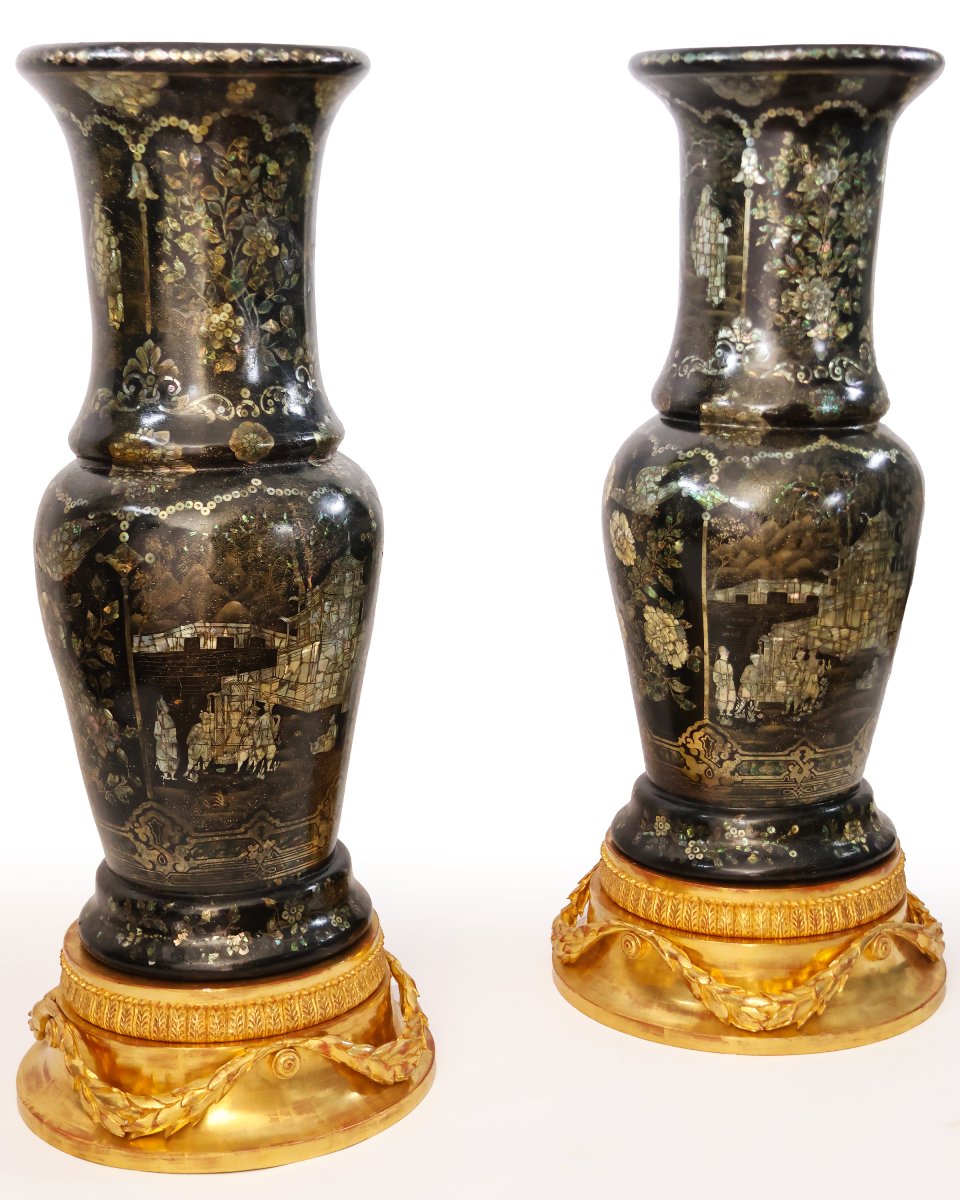 Paire de vases en porcelaine à incrustations de nacre, Chine, dynastie Qing, fin du XIXe siècle-photo-2