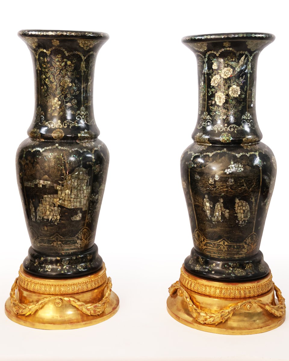 Paire de vases en porcelaine à incrustations de nacre, Chine, dynastie Qing, fin du XIXe siècle