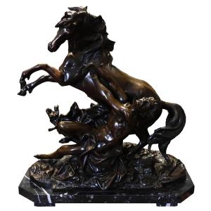 Philippe Poitevin; 1831 - 1907; Running Horse With Tamer; Patinated Bronze
