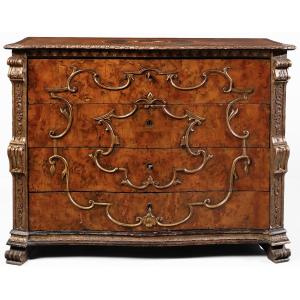 An Italian Walnut Burr Veneered Chest Of Drawers, Carved Pilasters, Lombardy, 18th Century