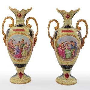 A Pair Of Royal Vienna-style Urn Vases, Late 19th Century Early 20th Century