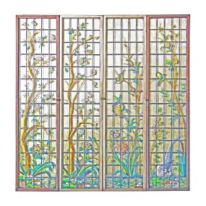 A Suite Of Four Enamelled Japonisme Leaded-glass Windows. Signed J.p. Imberton. Dated 1890