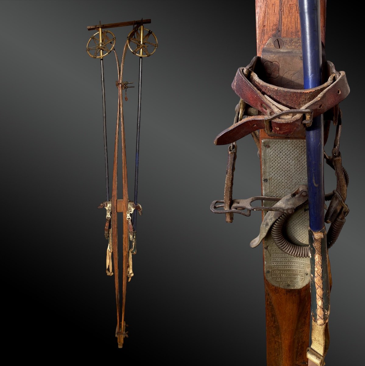 Wooden Ski Set With Sport Poles Berger Munich Germany Circa 1940.
