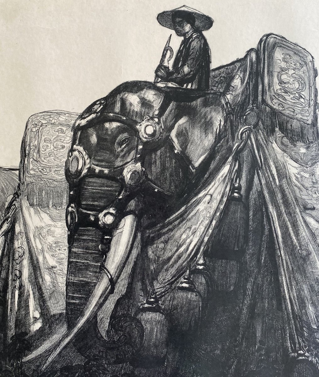 Paul Jouve, Elephants In Hue Lithograph Original France Circa 1935-photo-2