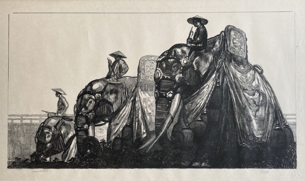 Paul Jouve, éléphants à Hué  Lithographie Original France Vers 1935