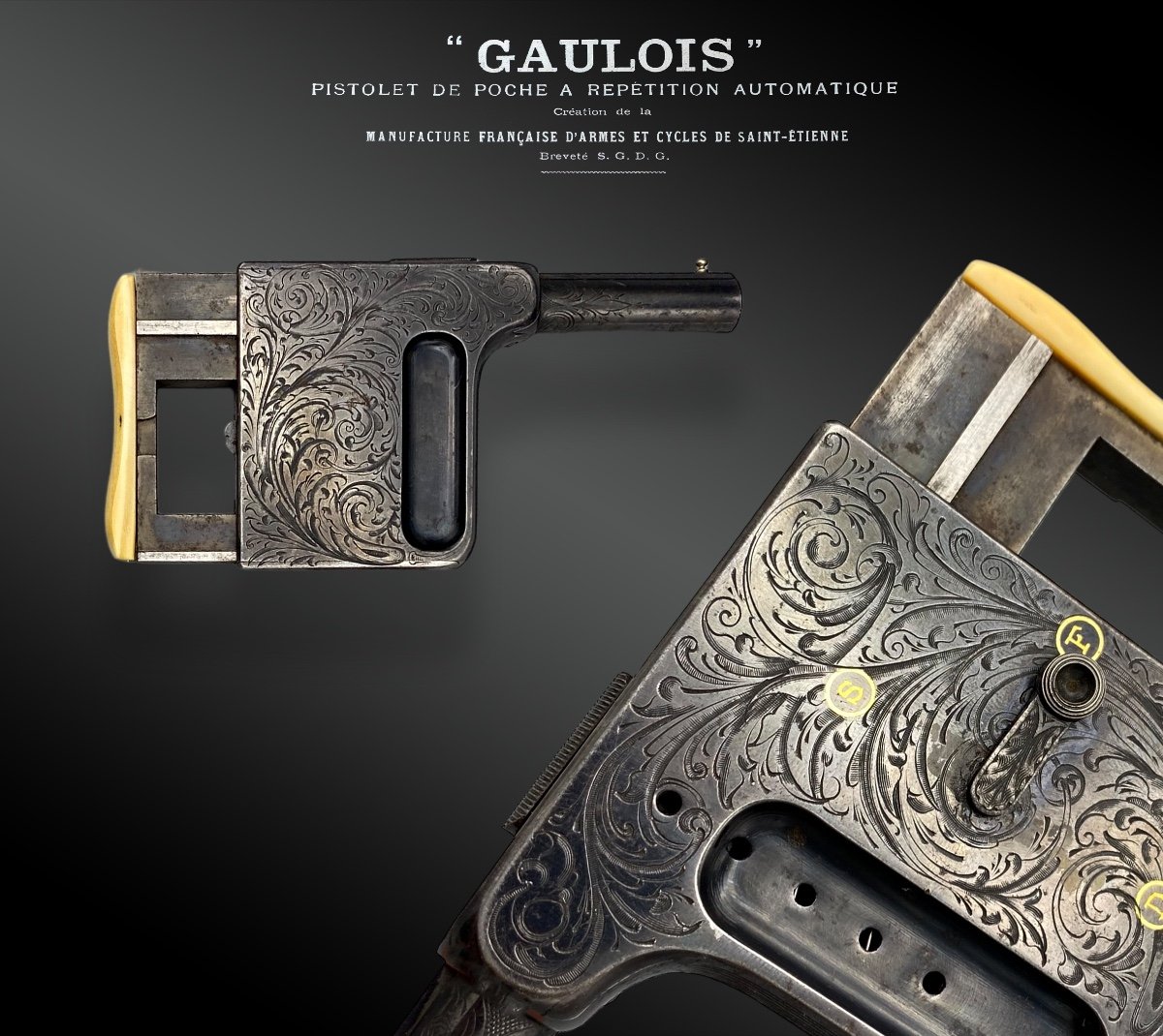 Pistolet à Répétition Automatique « Gaulois » N°4, Avec étui Cuir Fauve France XIXème Siècle-photo-3