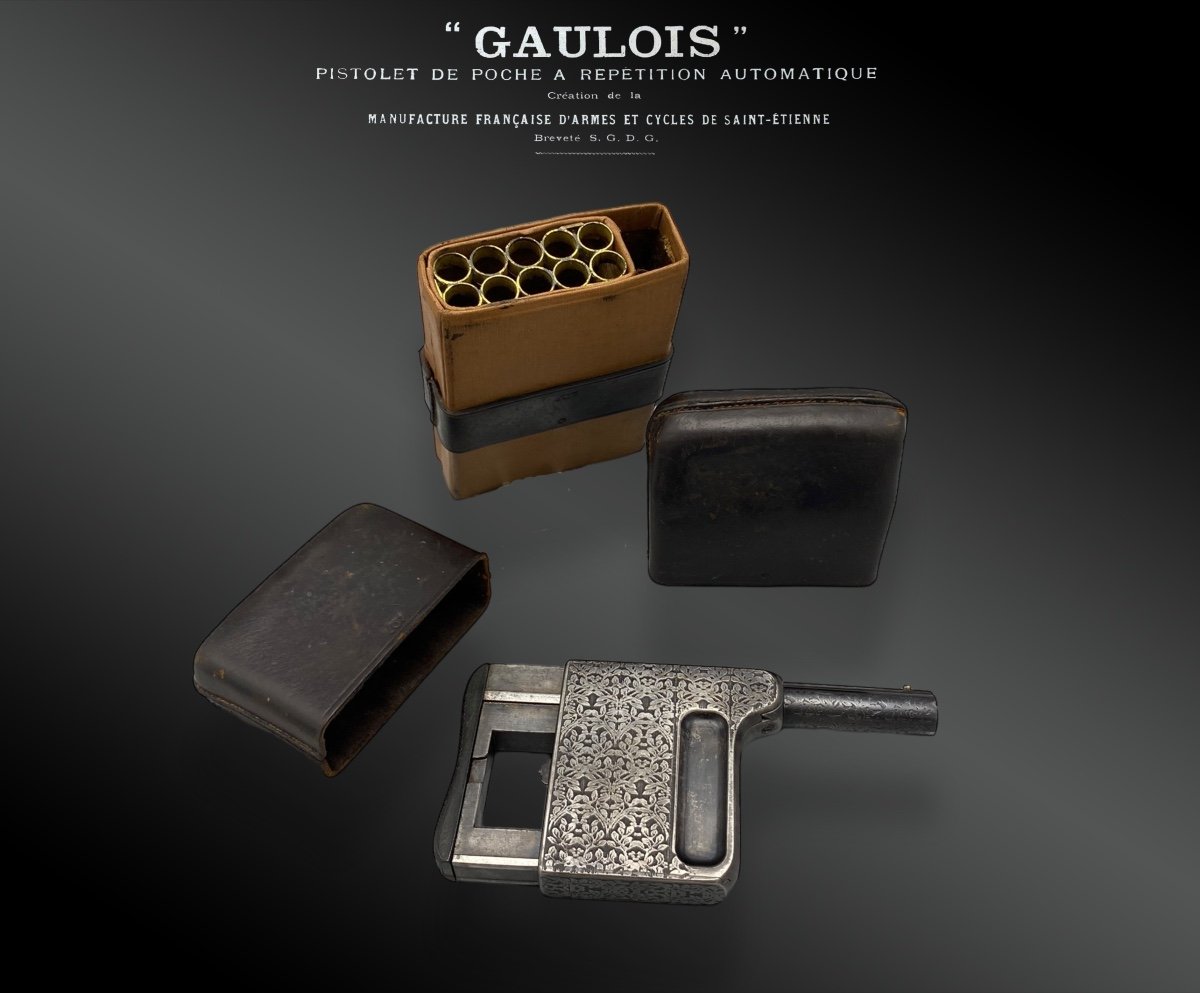 Pistolet à Répétition Automatique « Gaulois » N°3, Avec étui Cuir. France XIXème Siècle-photo-2