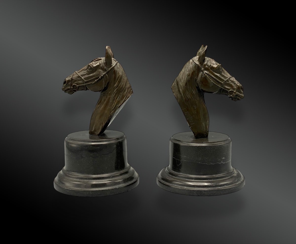 Tête De Cheval En Paire ; Sculpture En Bronze Signée J. Reyol. France XXème Siècle-photo-4
