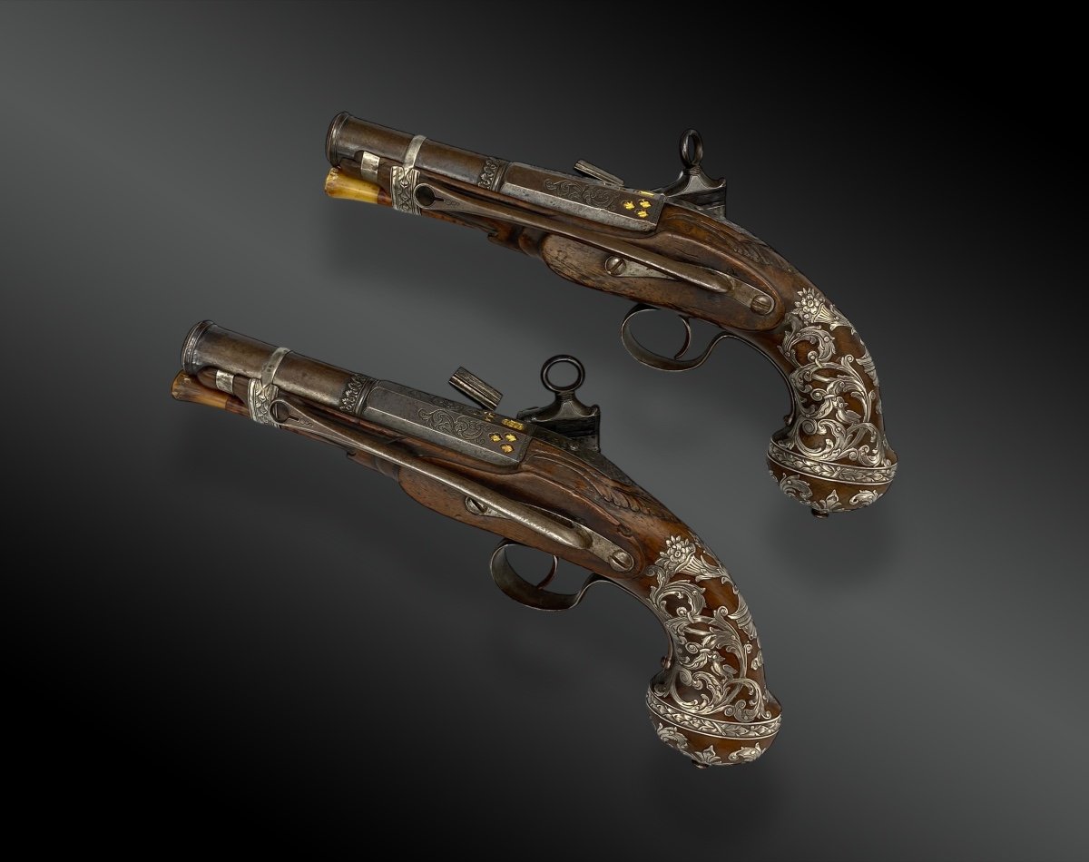 Paire De Pistolets à Silex Luxe, Par Joseph Llinaros Espagne Vers 1800-photo-2