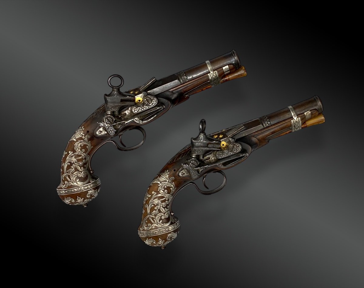 Paire De Pistolets à Silex Luxe, Par Joseph Llinaros Espagne Vers 1800