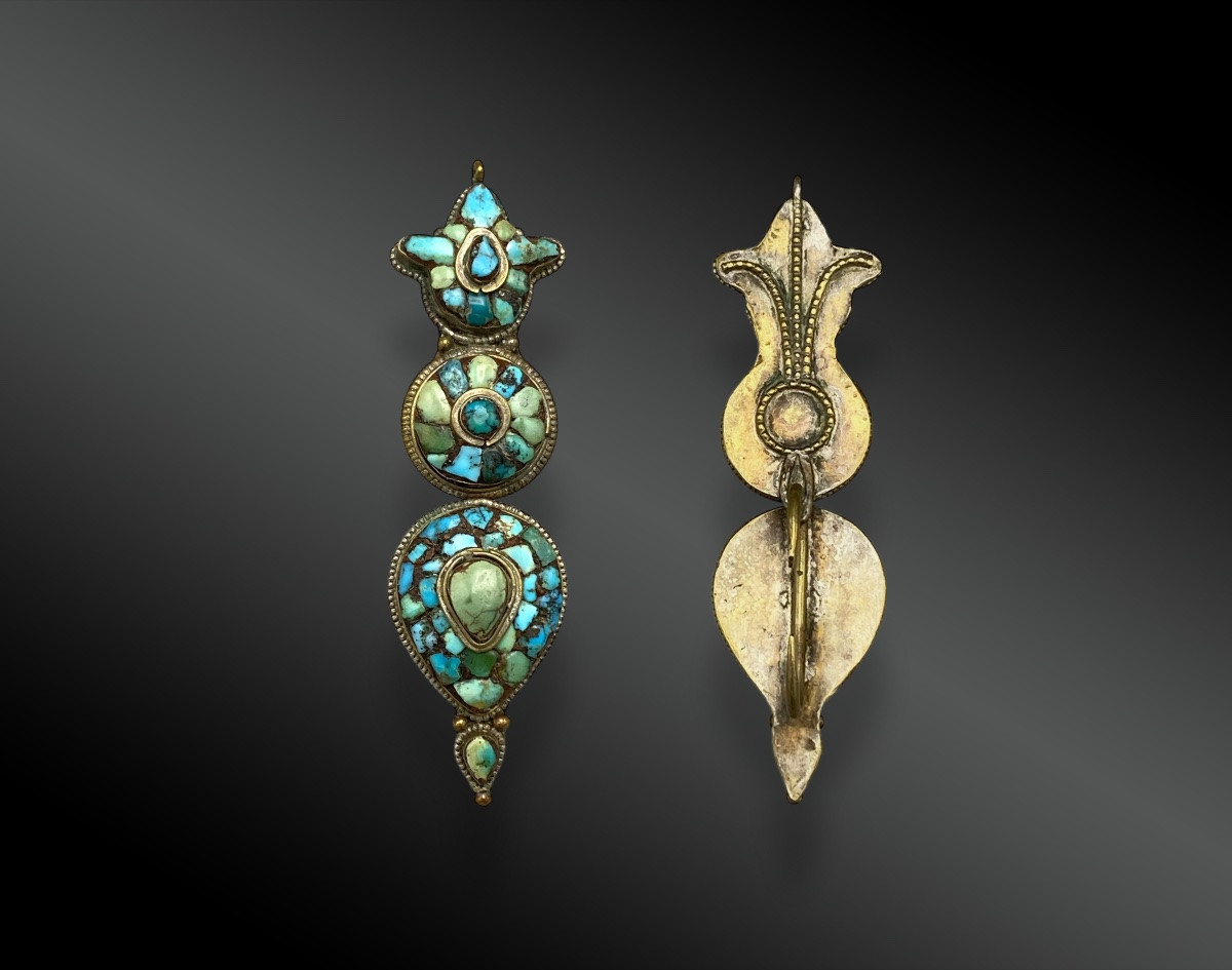 Silver And Turquoise Ear Pendant, Tibet China, Tibet, Early 20th Century-photo-3