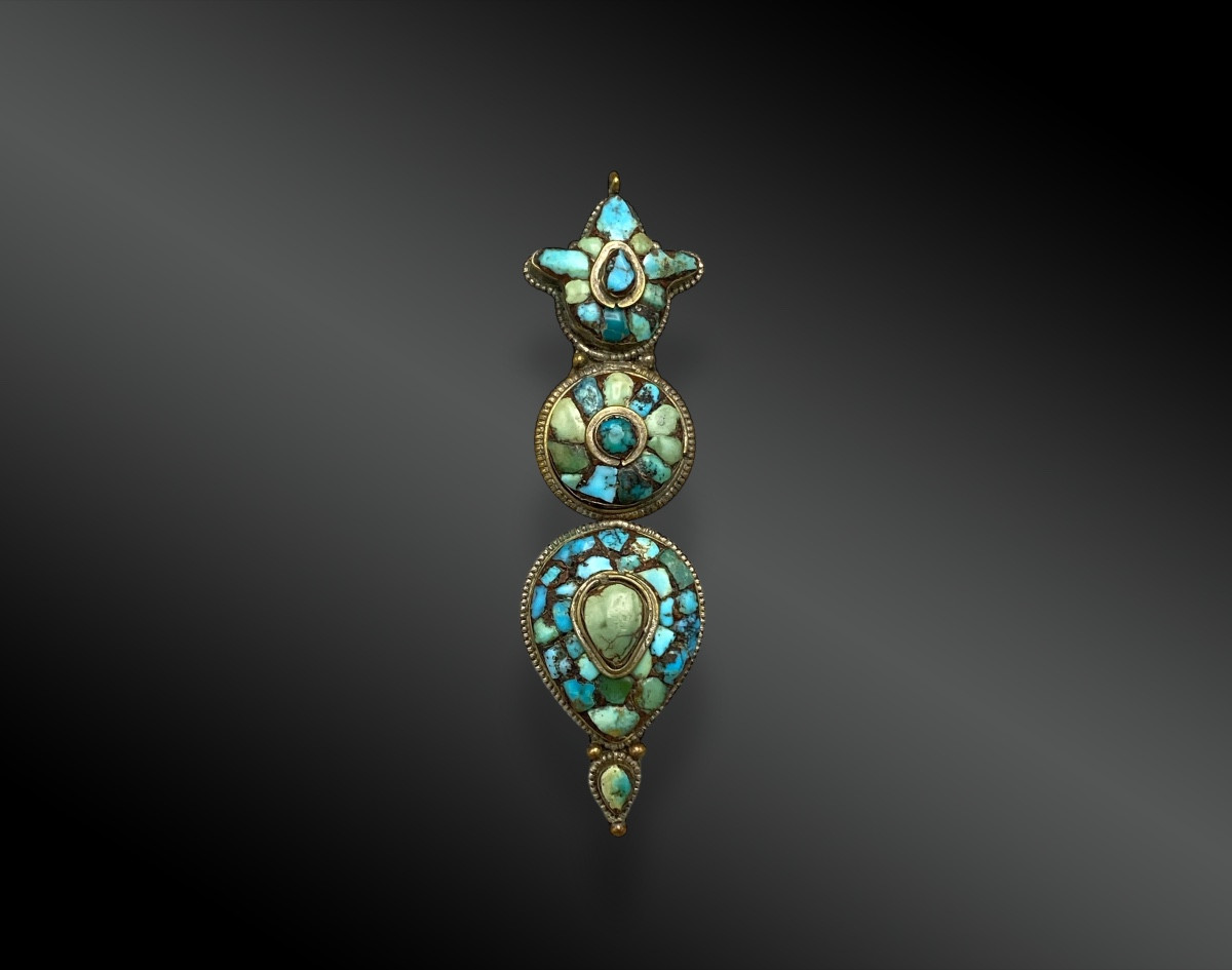 Silver And Turquoise Ear Pendant, Tibet China, Tibet, Early 20th Century