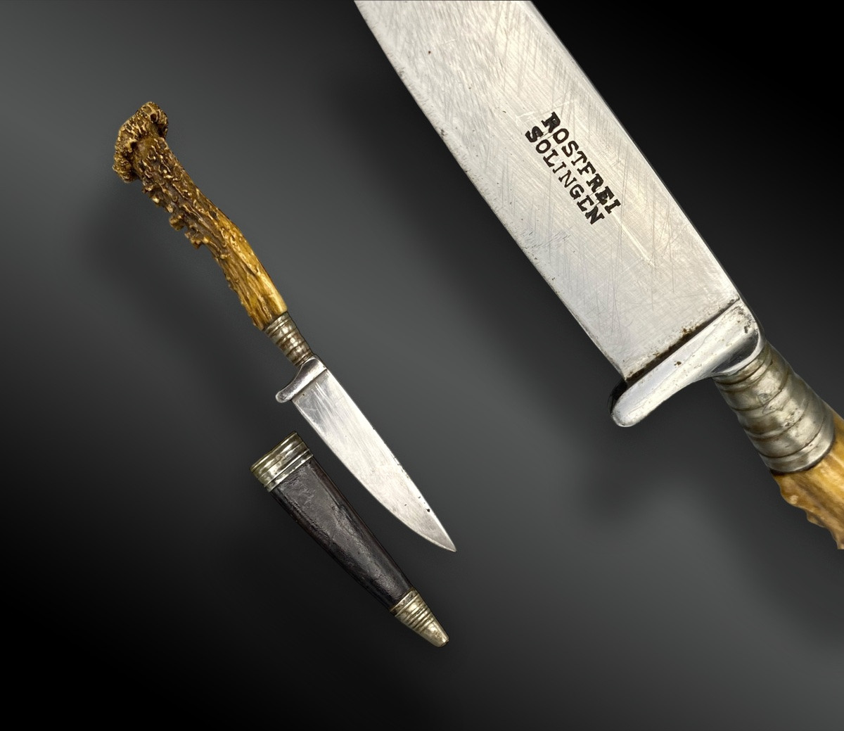 COUTEAU DE CHASSE ROSTFREI SOLINGEN, AVEC FOURREAU Allemagne, XXème siècle-photo-3