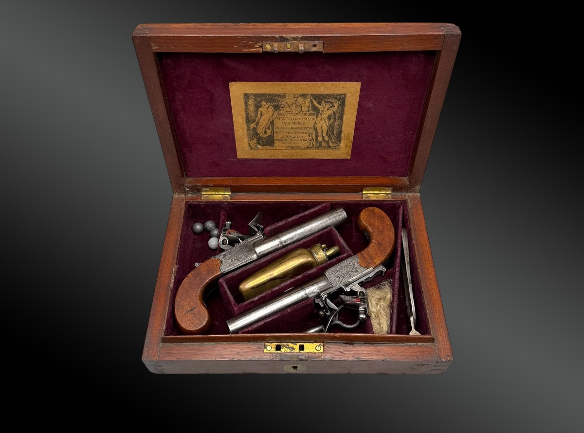 Boxed Set Of A Pair Of Flintlock Box Pistols By H.w. Mortimer - London