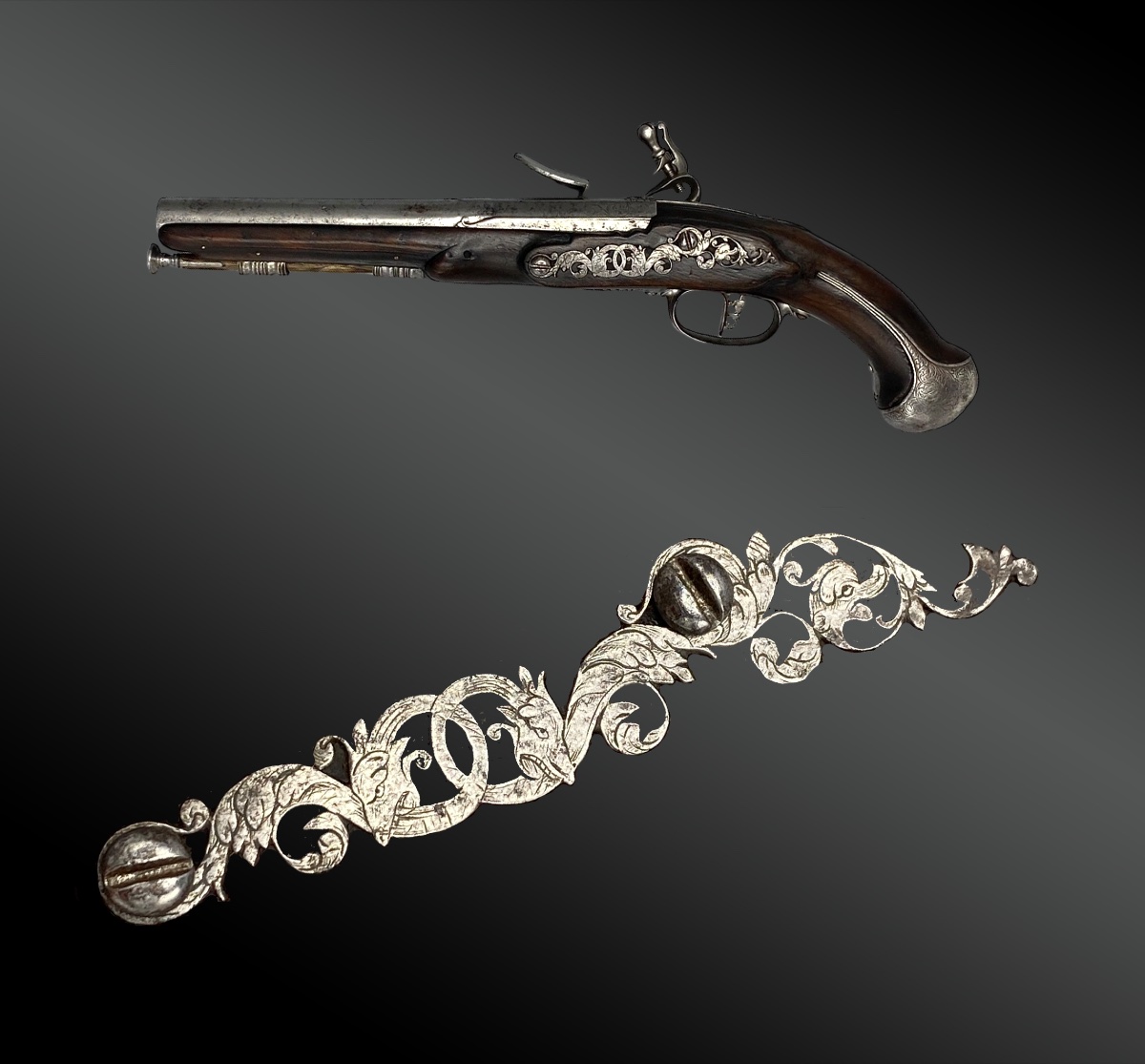 Pistolet à silex, platine signée FRANCESCO GARATTO BRESCIA canon par LAZARO LAZARINO-photo-2