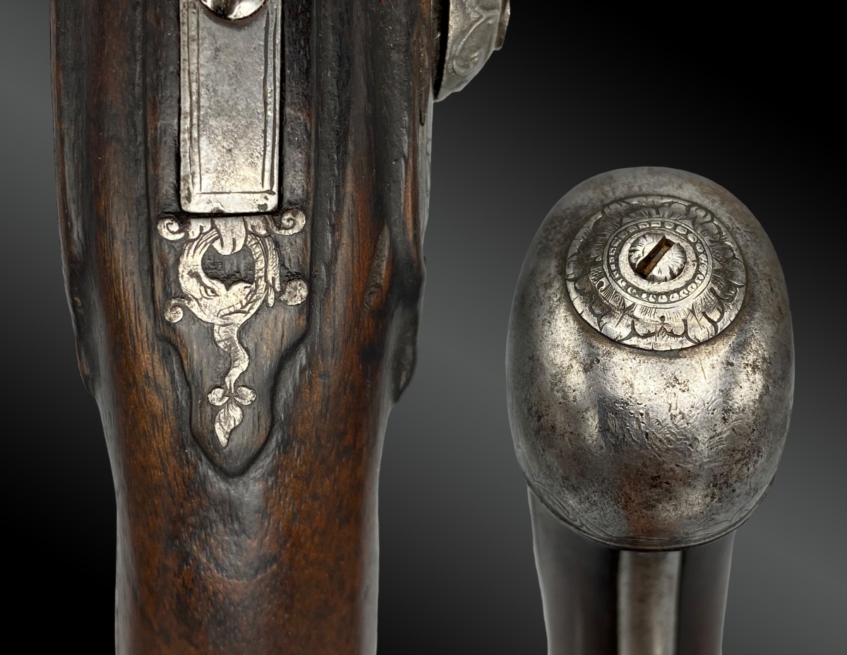 Pistolet à silex, platine signée FRANCESCO GARATTO BRESCIA canon par LAZARO LAZARINO-photo-1