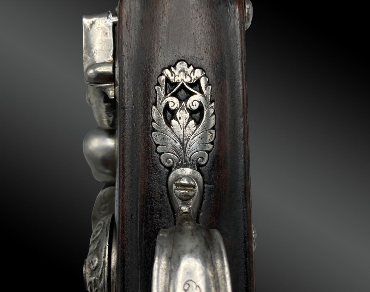 Pistolet à silex, platine signée FRANCESCO GARATTO BRESCIA canon par LAZARO LAZARINO-photo-3