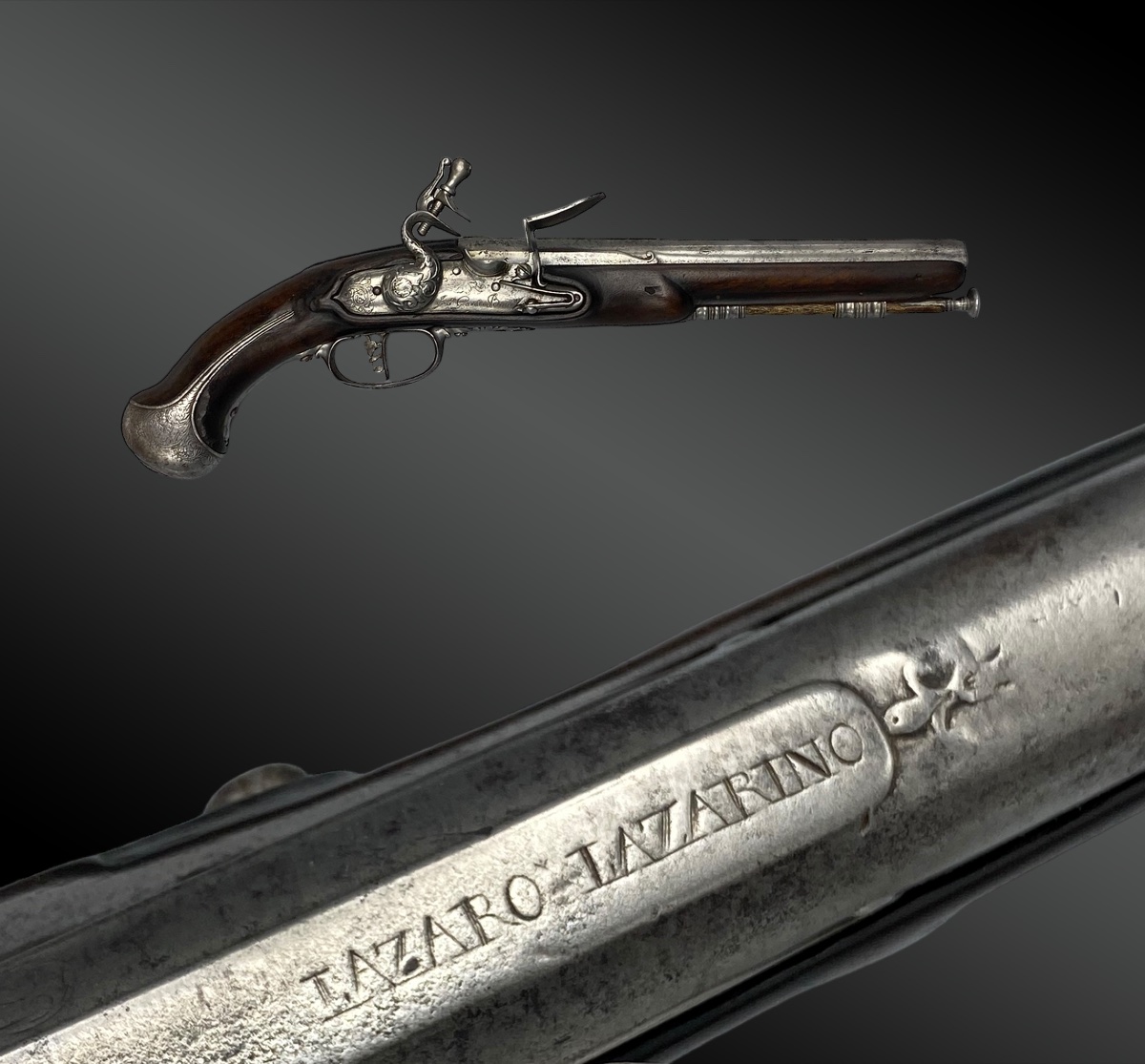 Pistolet à silex, platine signée FRANCESCO GARATTO BRESCIA canon par LAZARO LAZARINO
