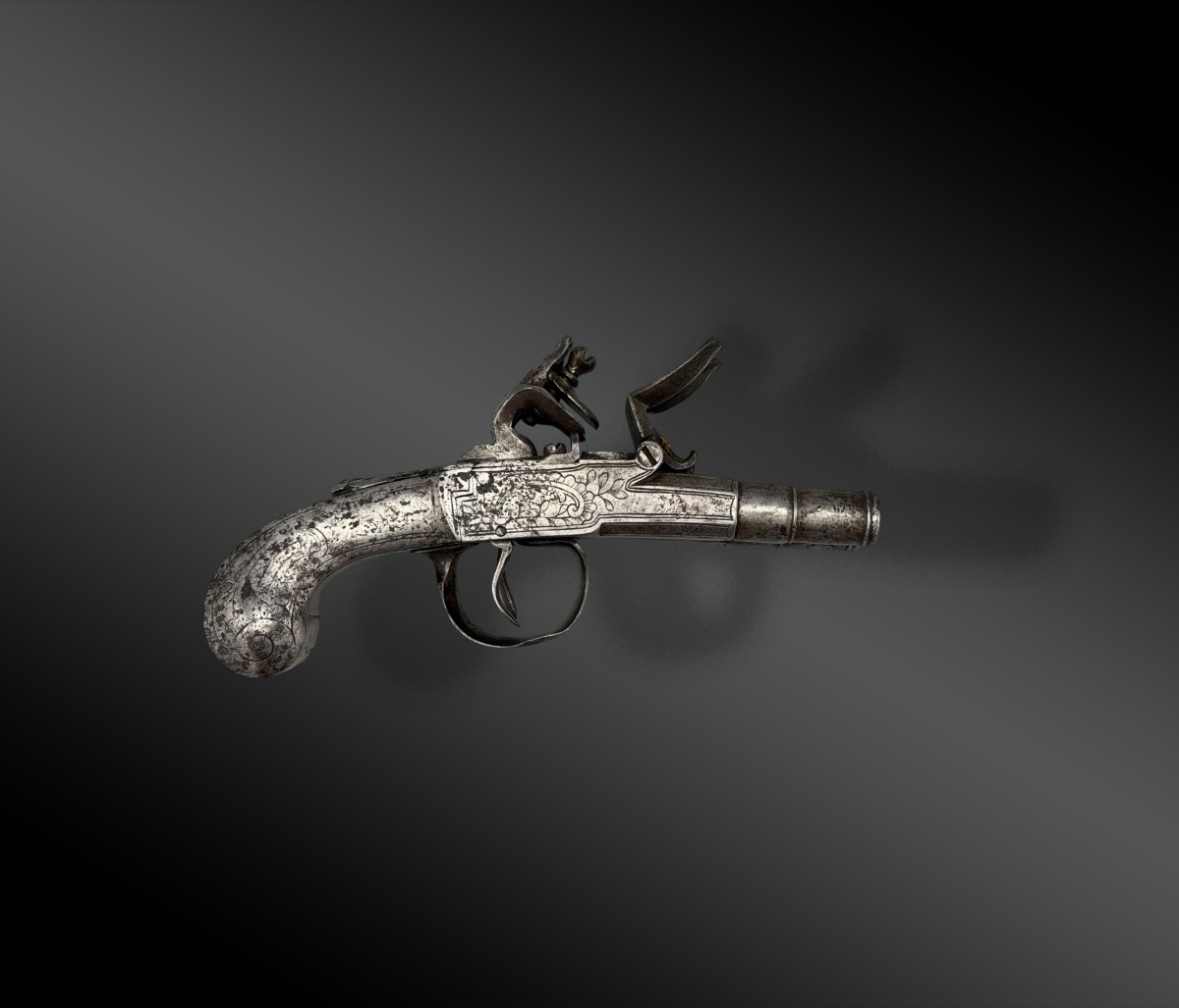 Double-barreled, All-iron Flintlock Travel Pistol