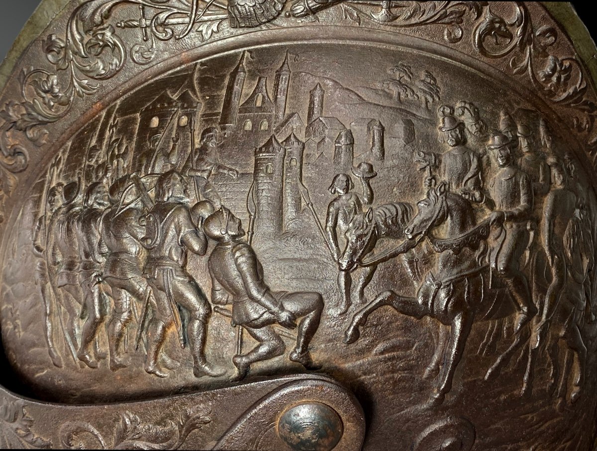 Armet Armor Helmet Illustrated With Battle Scene France Or Italy, 19th Century. Renaissance Style.-photo-3