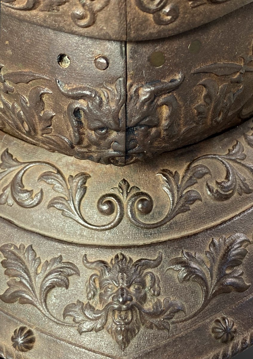 Armet Armor Helmet Illustrated With Battle Scene France Or Italy, 19th Century. Renaissance Style.-photo-2