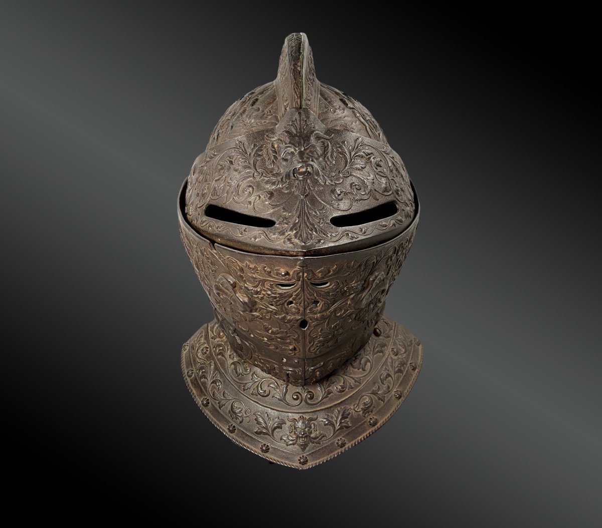 Armet Armor Helmet Illustrated With Battle Scene France Or Italy, 19th Century. Renaissance Style.-photo-4