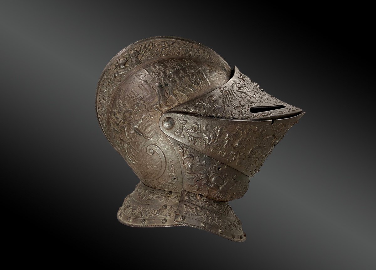 Armet Armor Helmet Illustrated With Battle Scene France Or Italy, 19th Century. Renaissance Style.