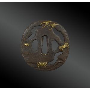 Tsuba, Japanese Saber Guard, With Crab And Stork Motifs