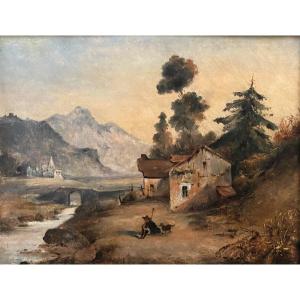 Emile LOUBON (1809-1863) Vision d'un passage des Alpes Huile sur toile signée en bas à gauche