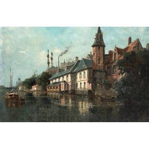 Gustave Mascart (1834-1914) View Of The Ghent Canal Oil On Canvas Signed Lower Right