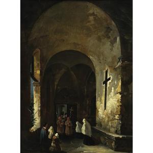 Charles Marie Bouton (1781-1853) - Procession Dans Un Cloître