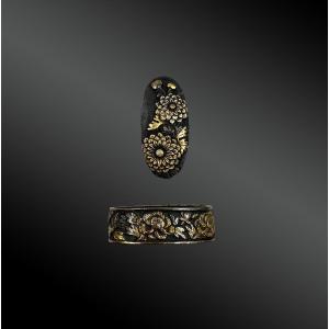 Fuchi Kashira , Au Motif De La Pivoine En Fleur. Japon - époque Edo (1603 - 1868), XIXe Siècle 