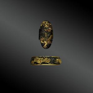 Fuchi Kashira With Dragon Motif, Signed. Japan, Edo Period