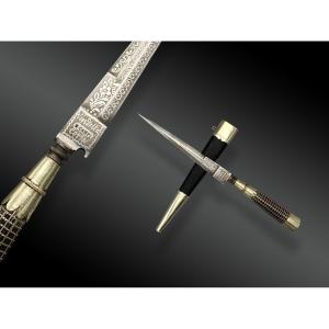 Large Corsican Stylus With Its Sheath, Engraved And Signed E. Campi. 19th Century