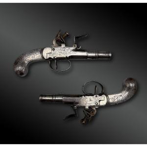 Pair Of Travel Pistols With Box, Signed Seglas - London, United Kingdom - Late 18th Century