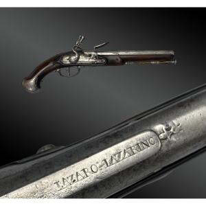 Pistolet à silex, platine signée FRANCESCO GARATTO BRESCIA canon par LAZARO LAZARINO