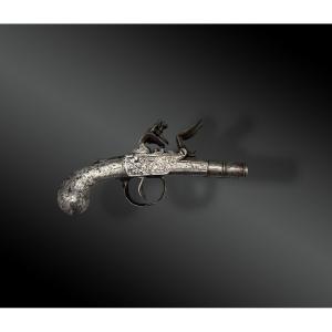 PISTOLET DE VOYAGE À SILEX, DOUBLE CANON, TOUT FER
