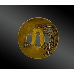 Tsuba With Old Man Japan, Edo Period (1603-1868) Sentoku, Copper, Gold, Silver