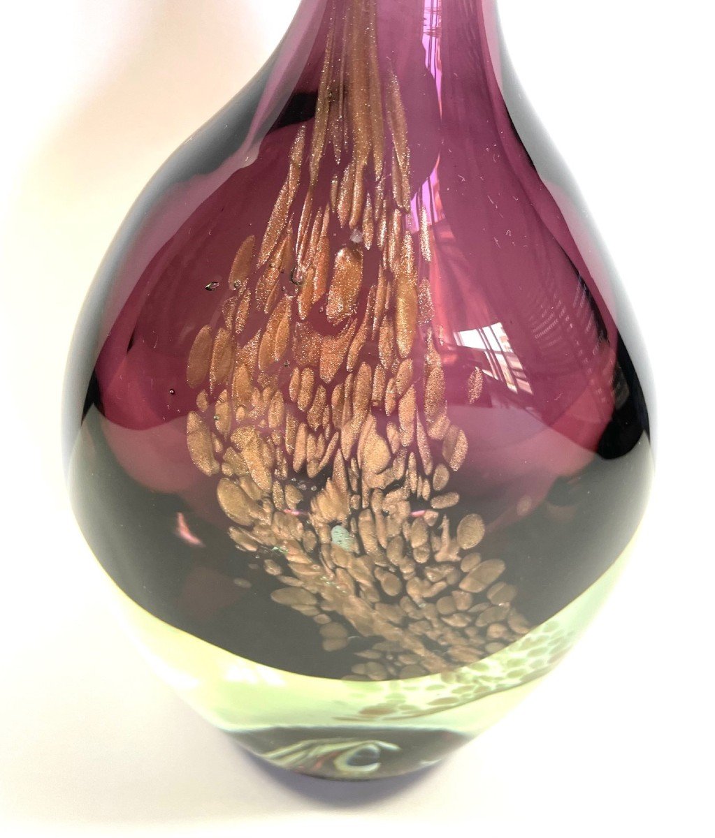 Large Blown Glass Bottle With Gold Sequins By Jean-claude Novaro 44cm-photo-2